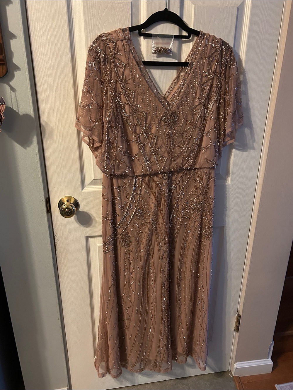 Christina Wu Beaded V-Neck Maxi Dress in Blush Nude